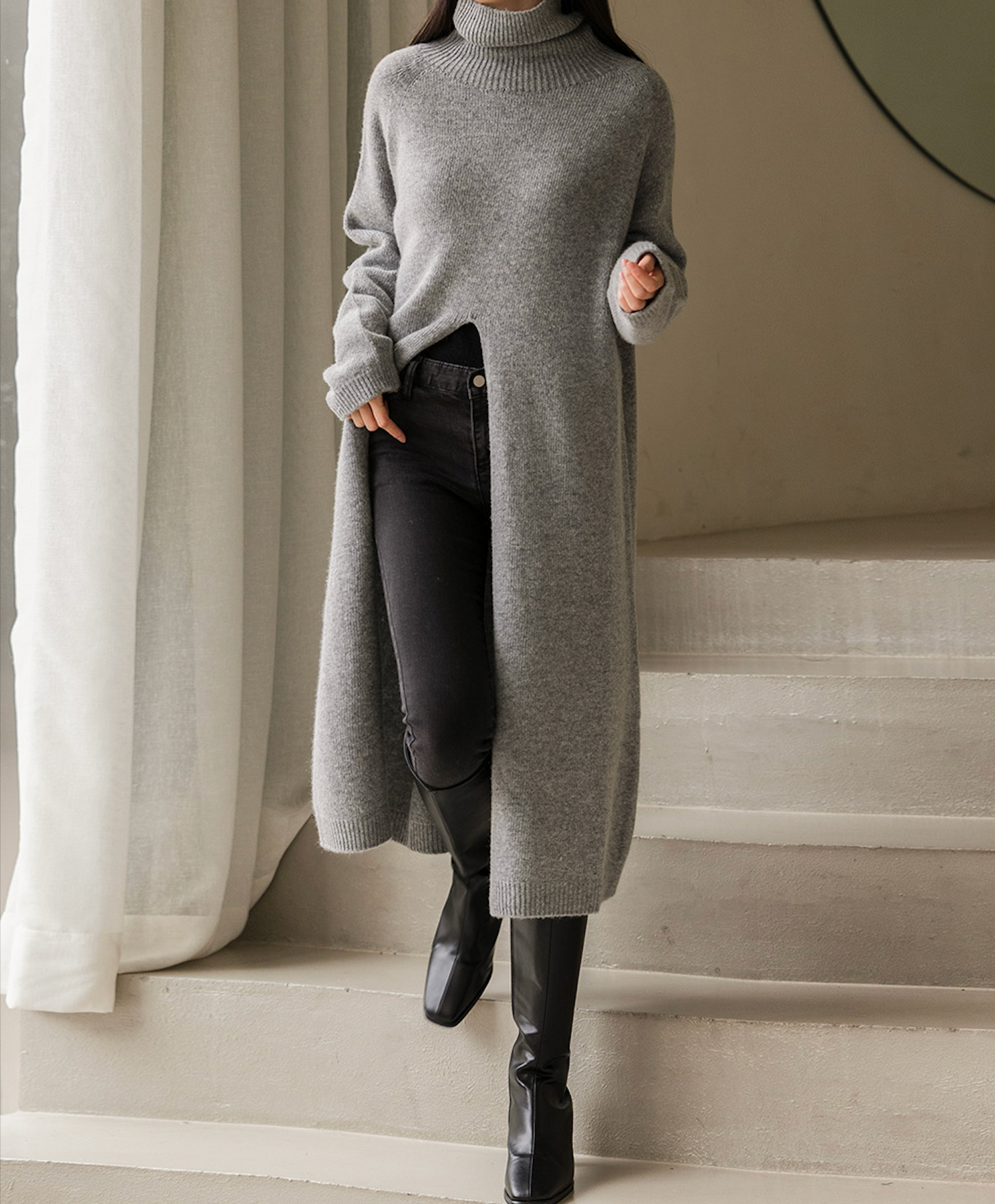 PRE-ORDER | Open Slit Turtleneck Wool Sweater/Dress
